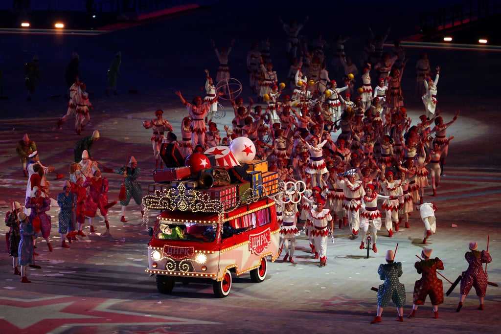 A circus bus made its way through the stadium.