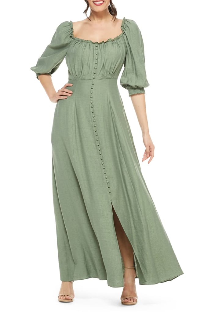 Gal Meets Glam Collection Joanna Shirred-Neck Button-Front Maxi Dress