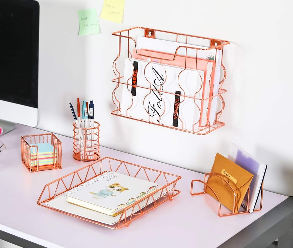 Rose Gold Office Supplies Five-in-One Metal Desk Organiser Set