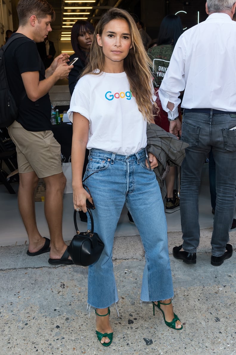 Miroslava Duma Wore a Google Tee With Frayed Denim and Green Heels