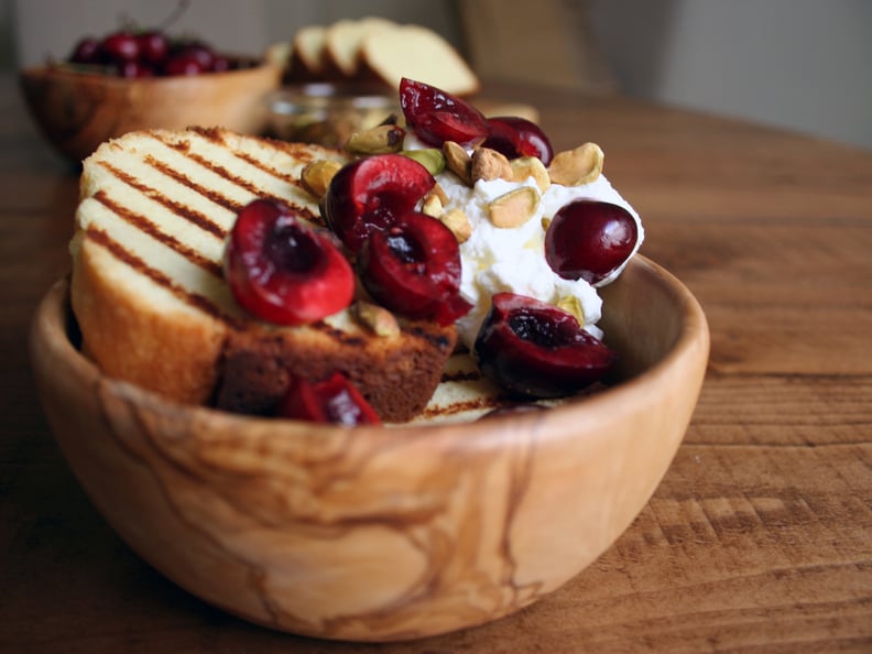 Grilled Pound Cake With Rose Whipped Cream, Pistachios, and Cherries