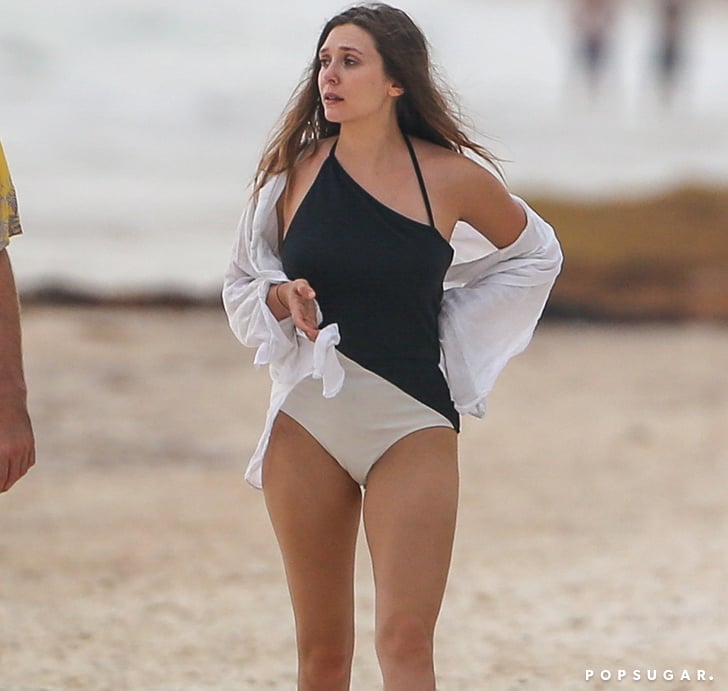 Elizabeth Olsen's Black and White One-Piece Swimsuit 2018