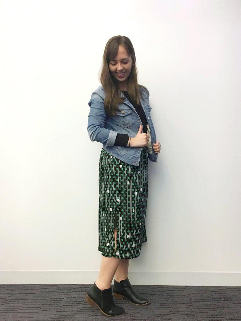"I'm obsessed with the midi skirt in green. Not only is the skirt super comfortable, but the slit and print also make it super flirty and fun. It really is the perfect day-to-night outfit. You can dress it down with a t-shirt, a jean jacket, and sneakers, but you can also dress it up with a nice blouse and heels." — Kelsie Gibson, assistant editor, Celebrity and Entertainment