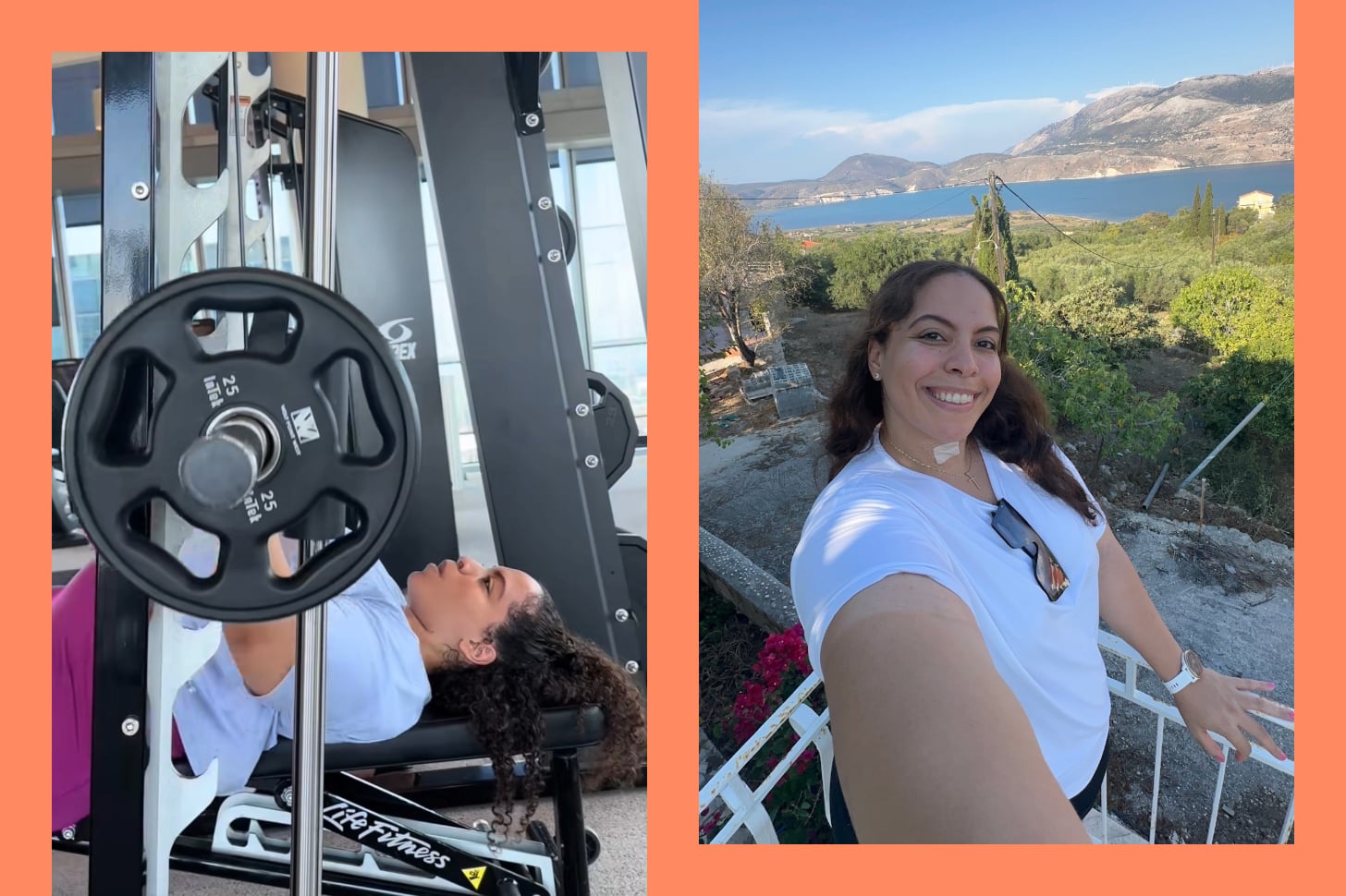 Two photos of Jessica lifting weights and posing on a balcony. 