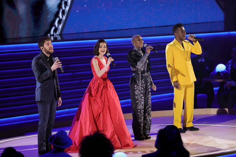 LAS VEGAS, NEVADA - APRIL 03: (L-R) Ben Platt, Rachel Zegler, Cynthia Erivo, and Leslie Odom Jr. perform onstage during the In Memoriam tribute at the 64th Annual GRAMMY Awards at MGM Grand Garden Arena on April 03, 2022 in Las Vegas, Nevada. (Photo by Ma