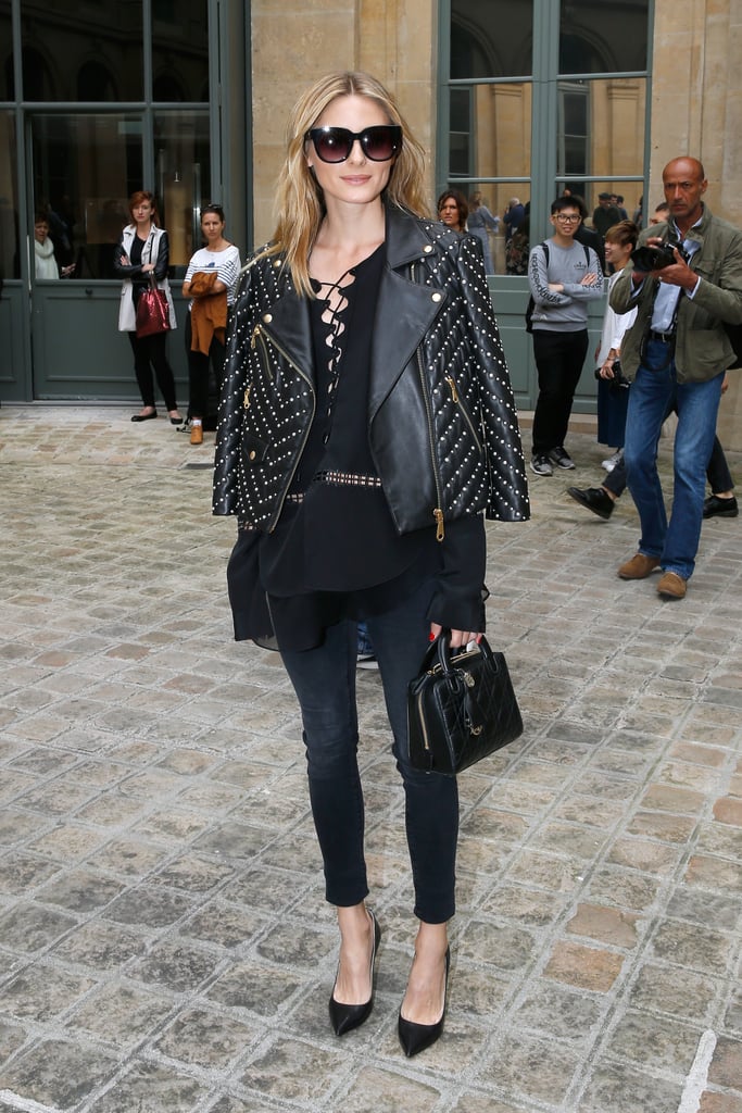 Olivia Wore an Embellished Leather Jacket With a Lace-Up Top, Jeans ...