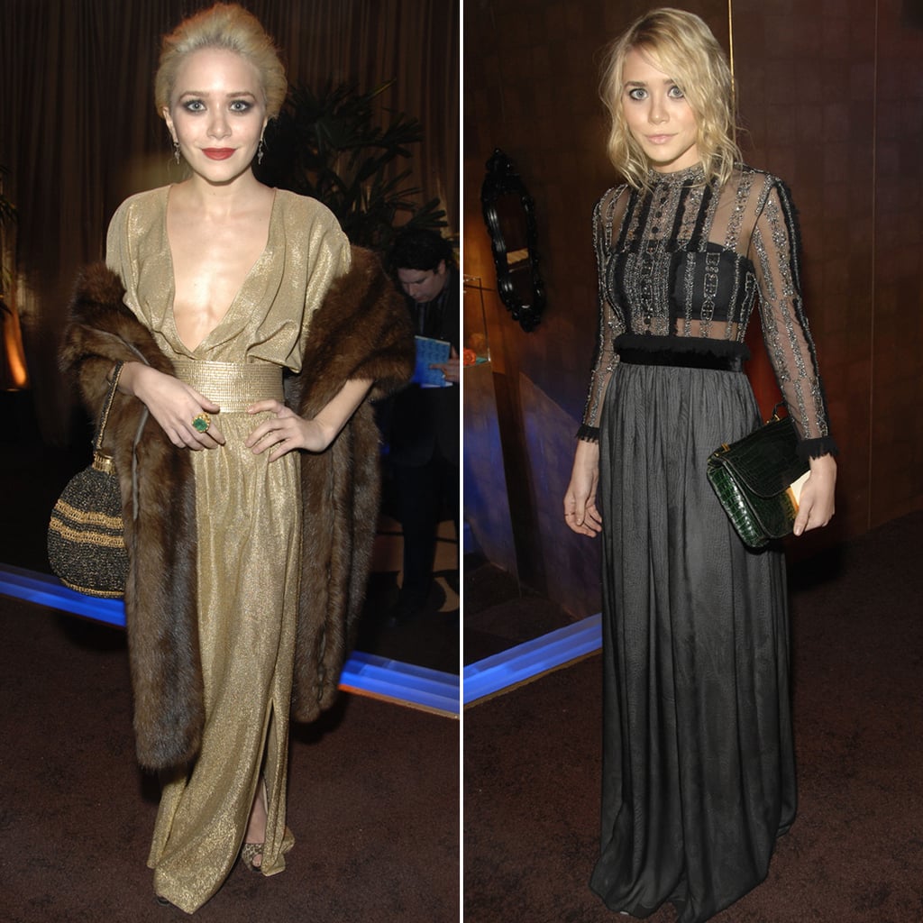 Twinning combo: At the 2007 In Style and Warner Bros. Golden Globes afterparty, the blond beauties shined bright in metallic gowns.

Mary-Kate styled a plunging gold shimmer gown with a plush fur wrap and leopard peep-toe pumps.
Ashley suited up in a sheer embellished gown-and-emerald crocodile clutch.