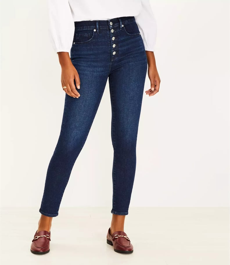 Loft Curvy Button Front High Rise Skinny Jeans