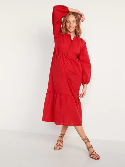 Seersucker Long-Sleeve All-Day Maxi Swing Dress