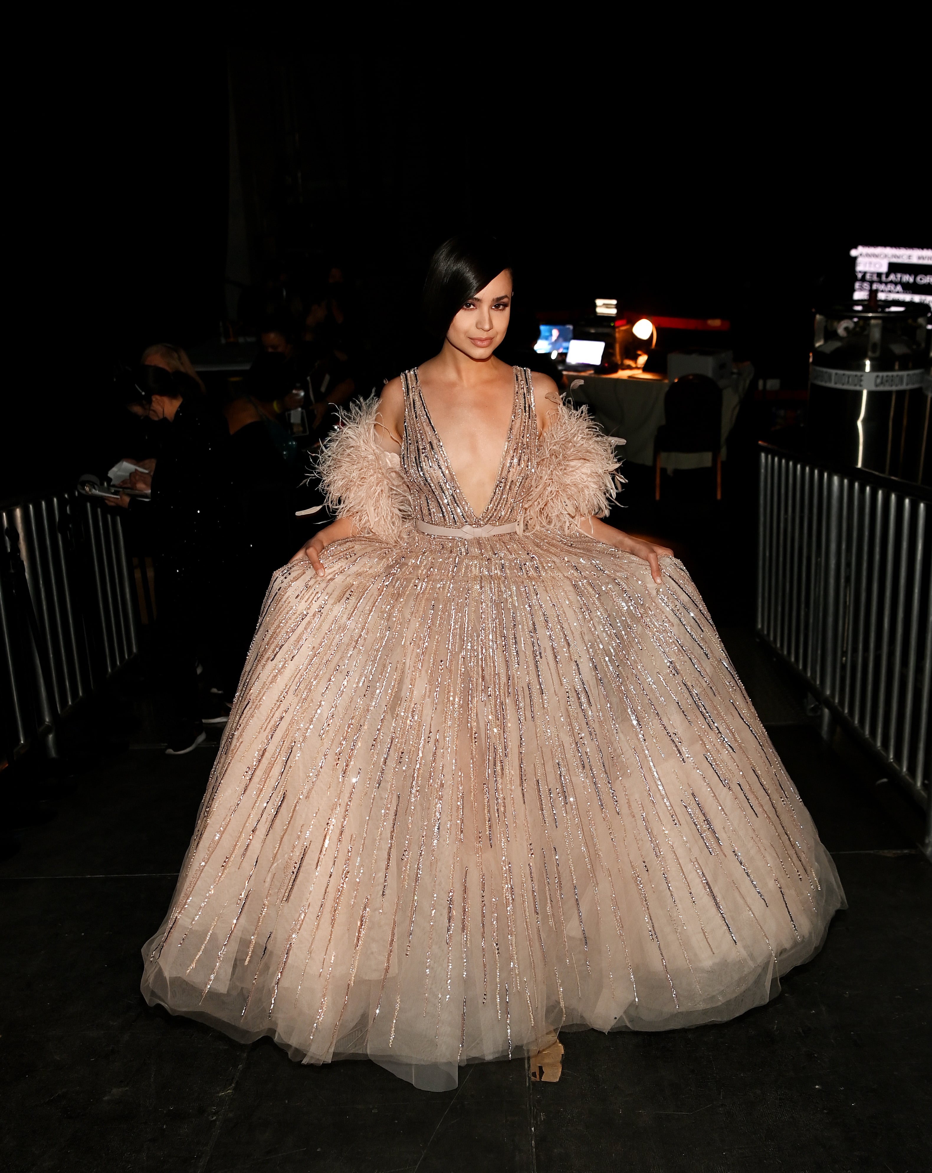 sofia carson pink dress Sofia Carson Wears Giambattista Valli Couture to Golden Globes 2020 Red  Carpet