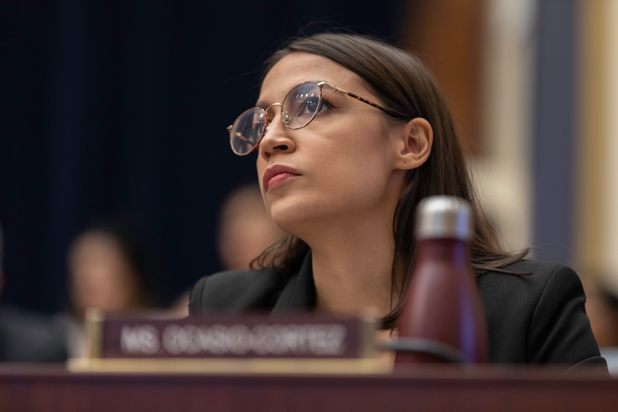 Rep. Alexandria Ocasio-Cortez is seen during the Facebook CEO, Mark Zuckerberg, testified before the House Financial Services Committee on Wednesday morning in Capitol Hill. Washington, D.C. October 23, 2019. (Photo by Aurora Samperio/NurPhoto via Getty Images)