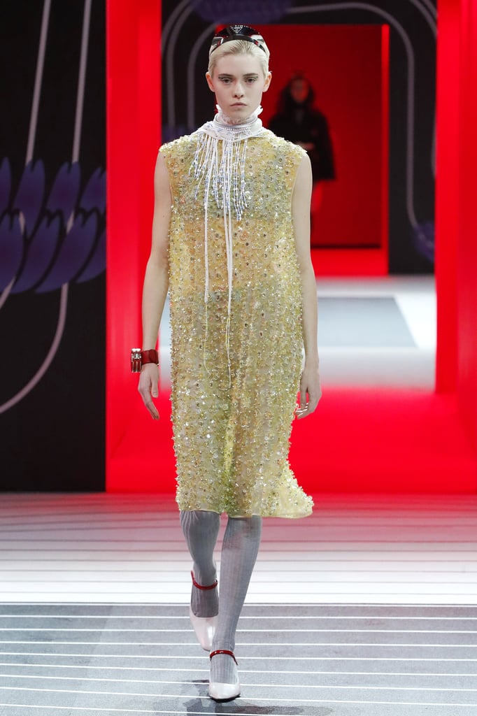 A Yellow Beaded Dress From the Prada Fall 2020 Runway at Milan Fashion Week