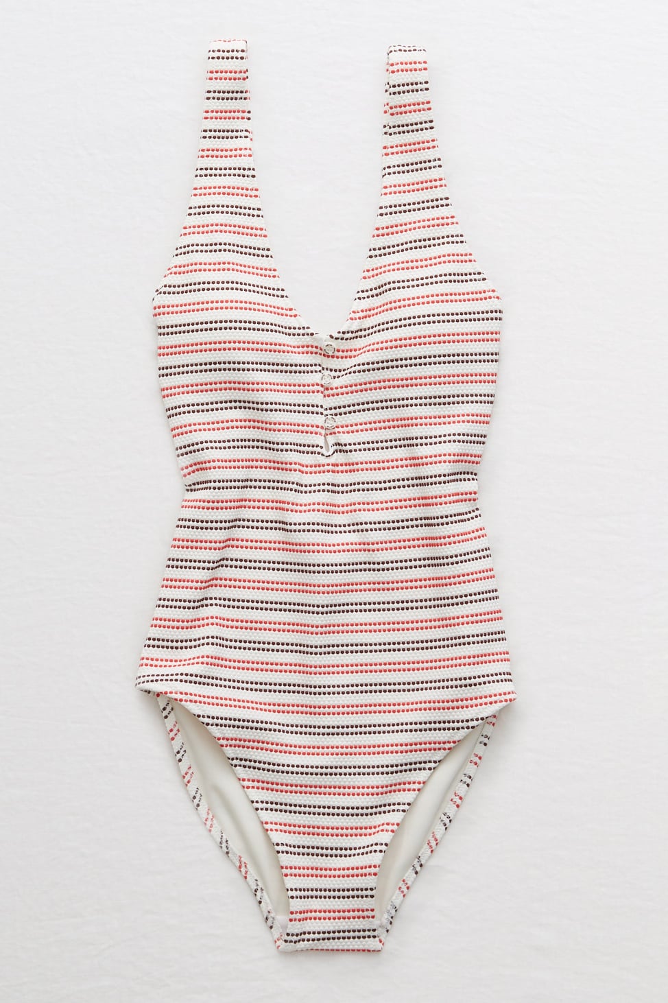 red one piece swimsuit with white piping