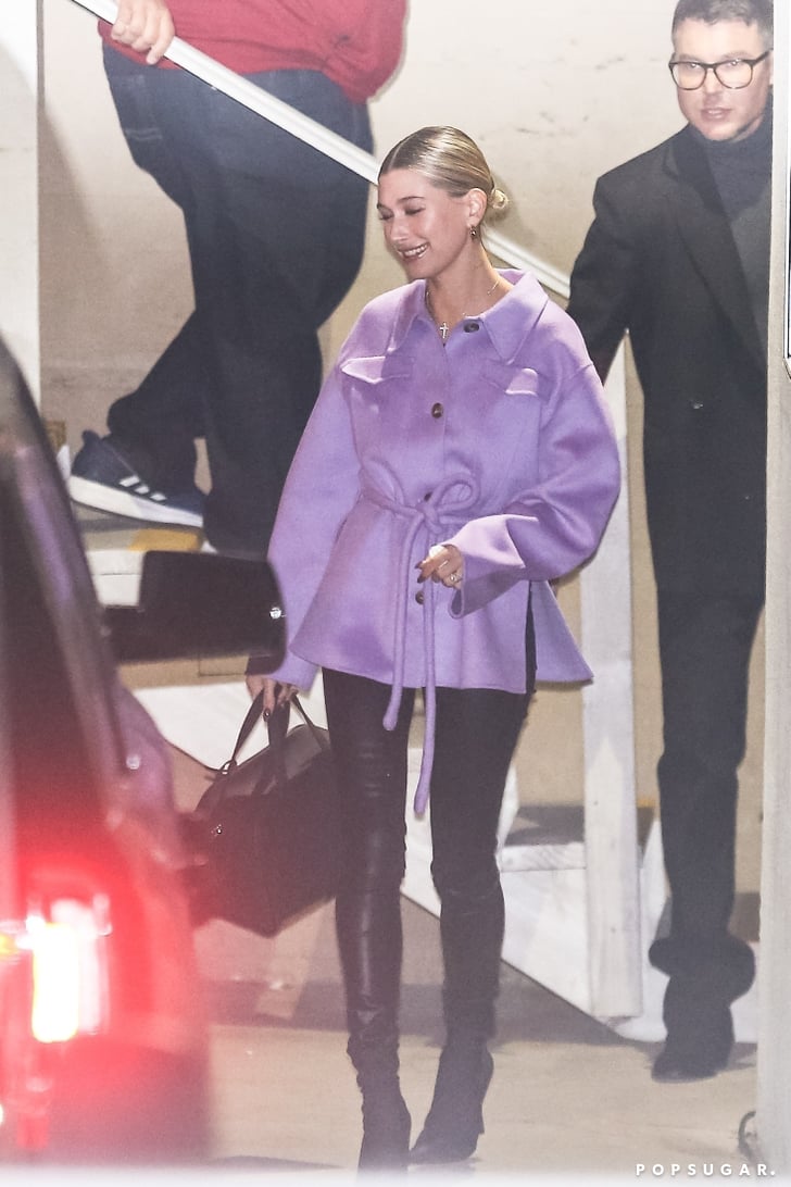 Hailey Baldwin in Lavender Coat With Justin Bieber