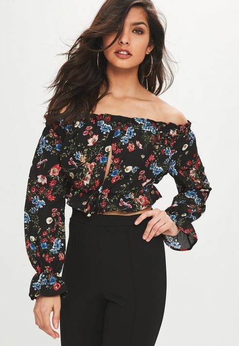 Missguided Black Floral Long Sleeve Crop Top