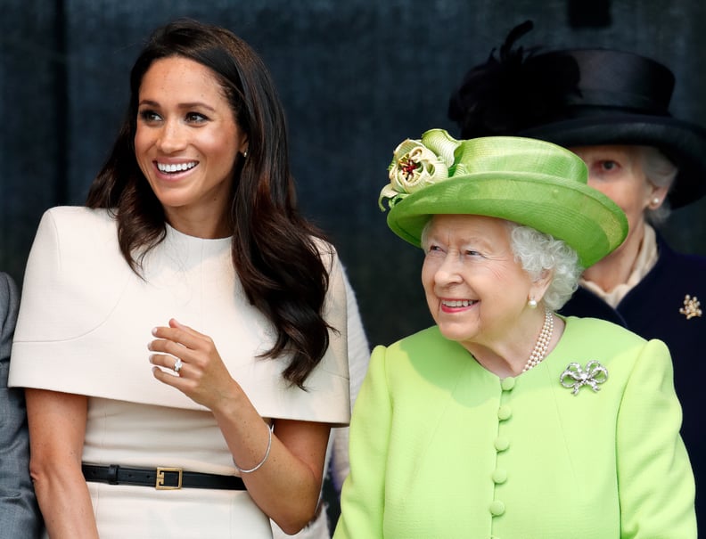 WIDNES, UNITED KINGDOM - JUNE 14: (EMBARGOED FOR PUBLICATION IN UK NEWSPAPERS UNTIL 24 HOURS AFTER CREATE DATE AND TIME) Meghan, Duchess of Sussex and Queen Elizabeth II attend a ceremony to open the new Mersey Gateway Bridge on June 14, 2018 in Widnes, E
