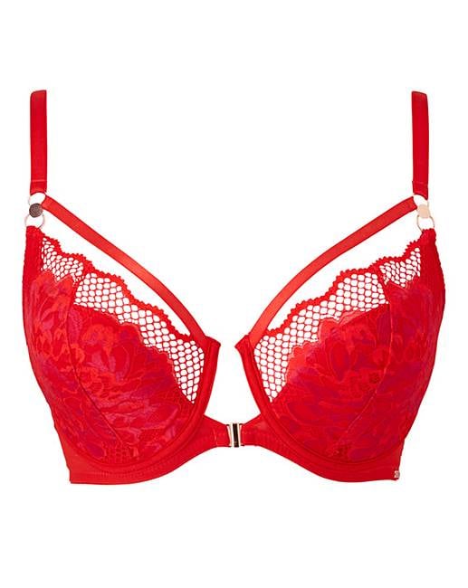 Figleaves Curve Amore Lace And Fishnet Front Fastening Padded Plunge Bra In  Tomato-red