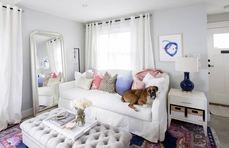 Designer Jillian Harris put together this chic pastel living room