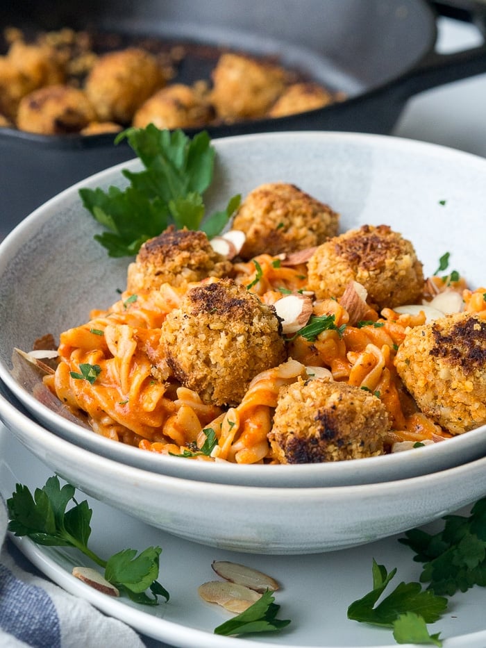 Vegan Meatballs Pasta With Roasted Red Pepper Sauce