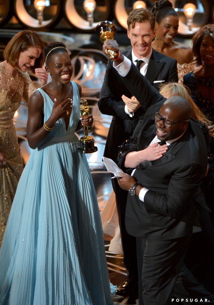 Steve McQueen was beyond excited to win best picture for 12 Years a Slave and his cast, including Lupita Nyong'o and Benedict Cumberbatch, cheered right alongside him.