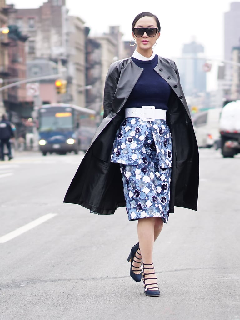 Use a chunky belt in a solid color to break up and block off a busy pattern.