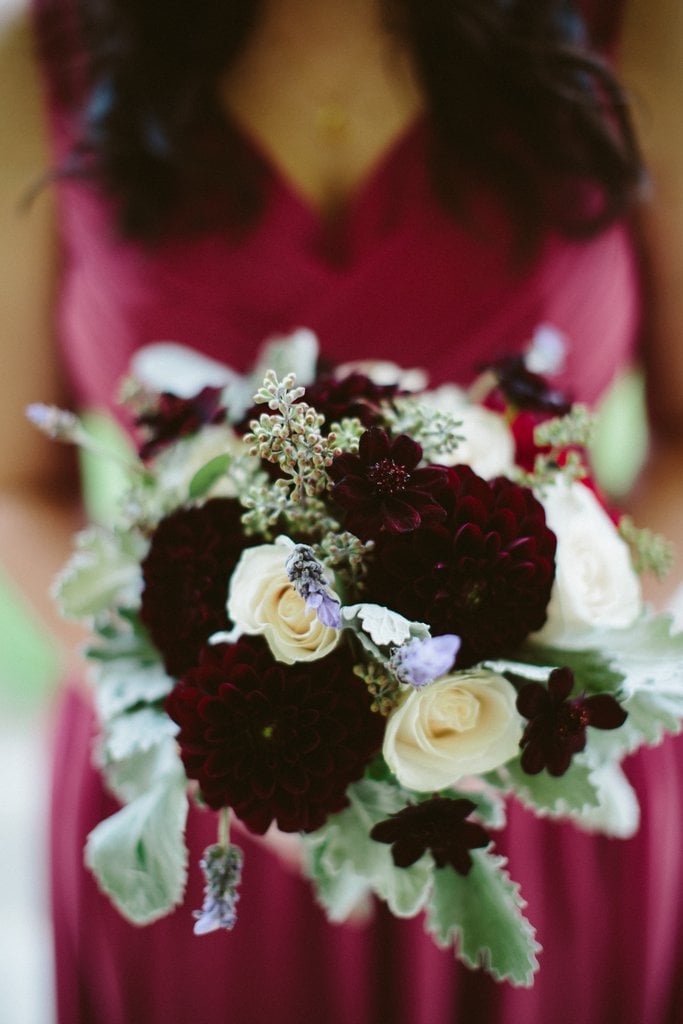 Dahlia, limonium, rose, and lamb's ear