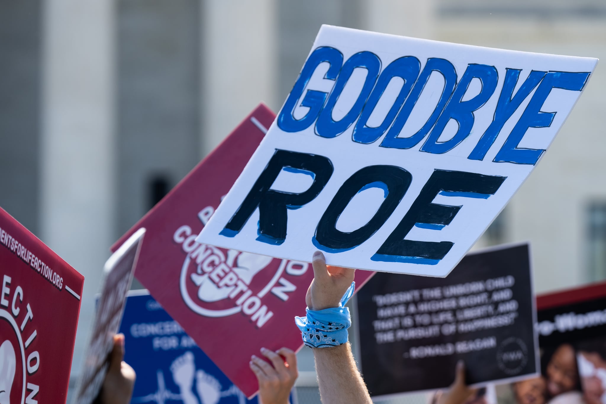 UNITED STATES - JUNE 13: Pro-life activists protest outside of the U.S. Supreme Court as they wait for the court to hand down its decision to overturn Roe v. Wade on Monday morning, June 13, 2022. (Bill Clark/CQ-Roll Call, Inc via Getty Images)