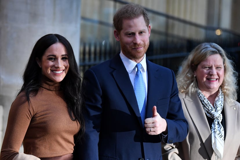 LONDON, UNITED KINGDOM - JANUARY 07: Prince Harry, Duke of Sussex and Meghan, Duchess of Sussex stand with the High Commissioner for Canada in the United Kingdom, Janice Charette (R) as they leave after their visit to Canada House in thanks for the warm C
