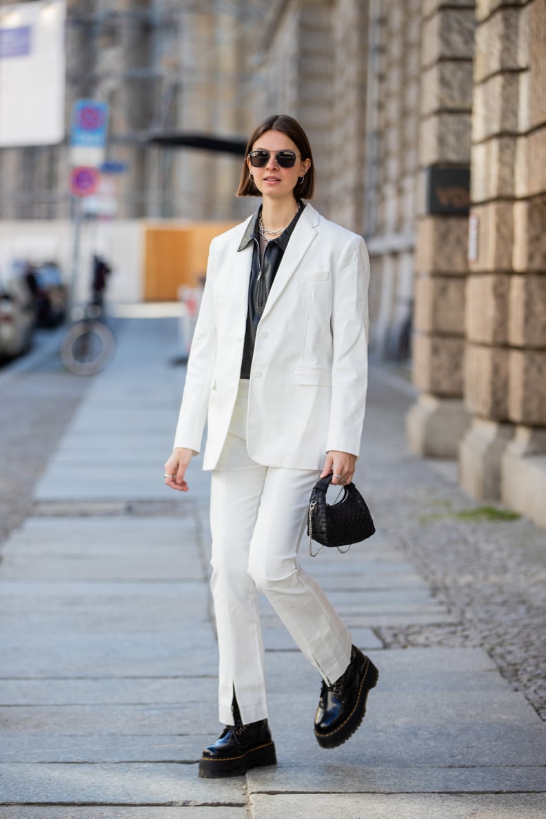 Front-Slit Trousers Over Doc Martens With a Matching Blazer