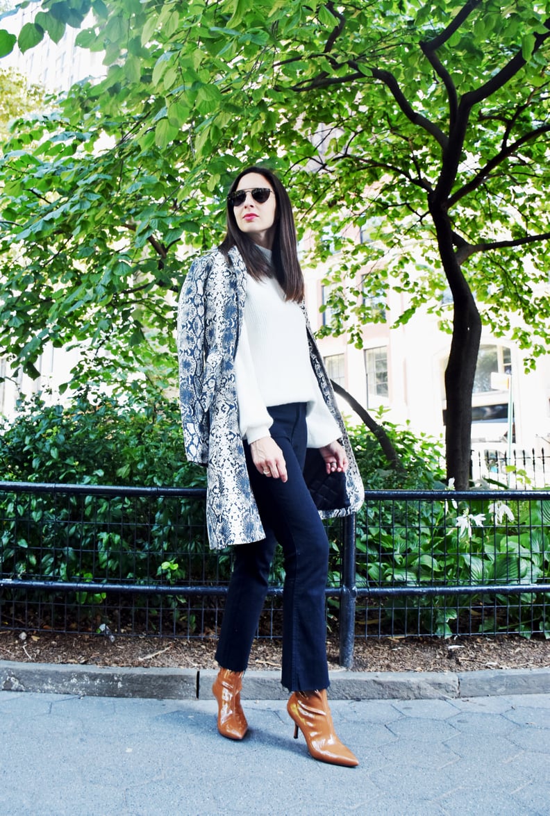 Easy Outfits: A White Sweater, Jeans, Boots, Sunglasses, and a Jacket