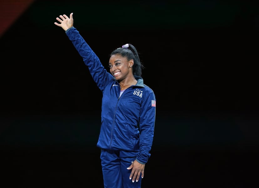 Simone Biles of United States of America while getting her gold medal in floor exercise for women at the 49th FIG Artistic Gymnastics World Championships in  Hanns Martin Schleyer Halle in Stuttgart, Germany on October 13, 2019. (Photo by Ulrik Pedersen/N