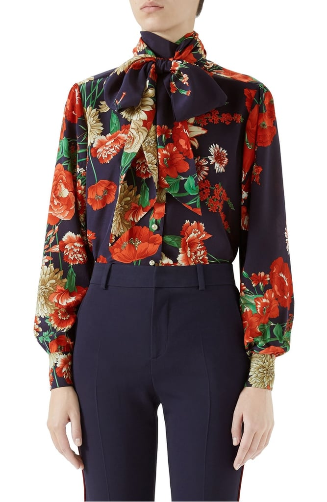 Gucci Spring Bouquet Print Tie Neck Silk Blouse