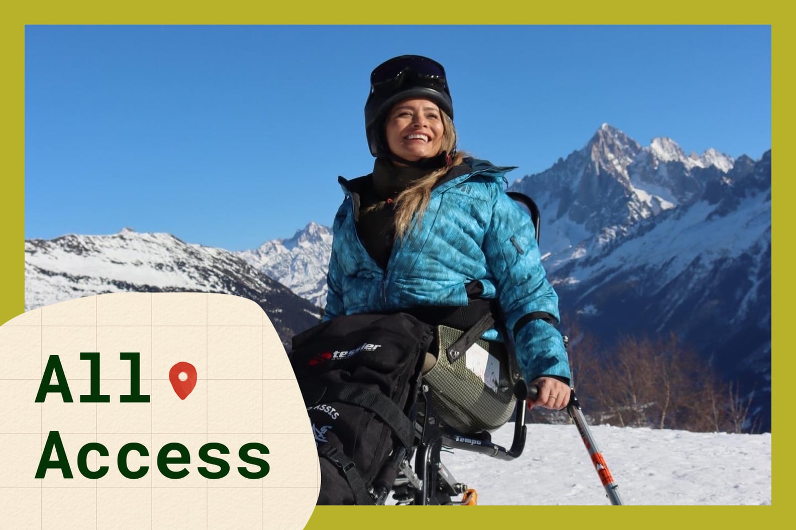 A woman in an adaptive ski wheelchair smiling with mountains in the background. A text bubble is overlaid with the words "All Access"