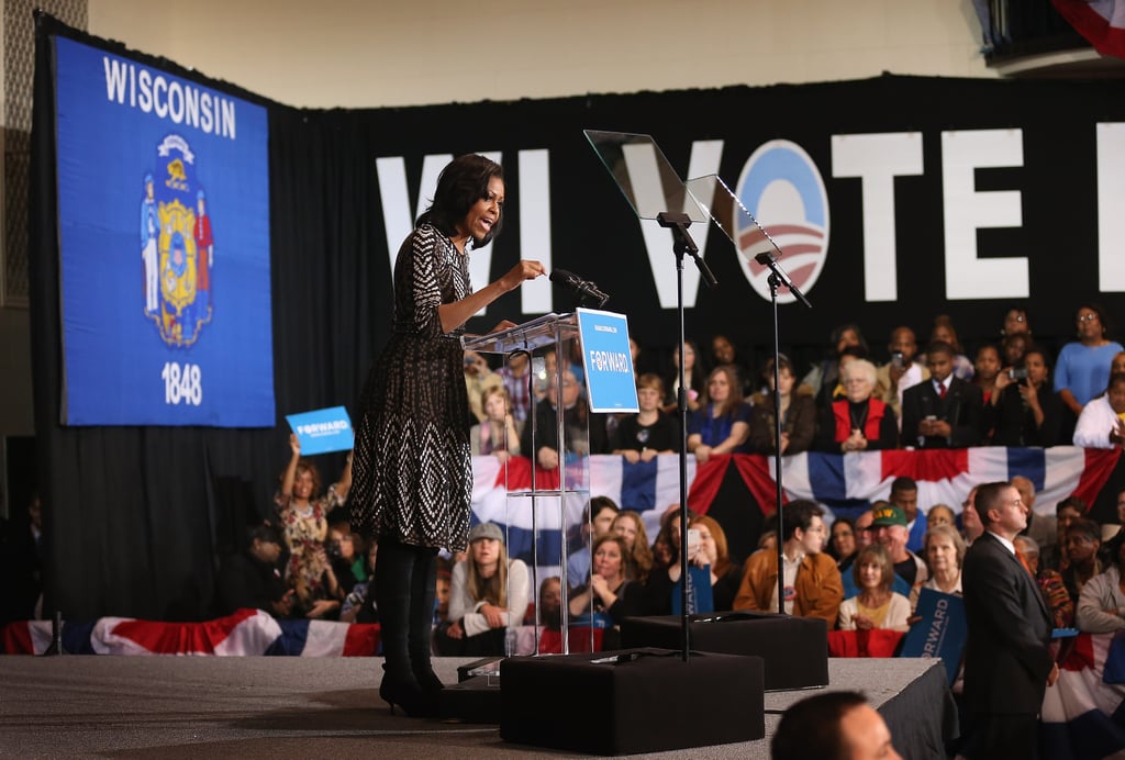 Wearing BCBG Max Azria during a campaign rally at Memorial Hall in  2012.