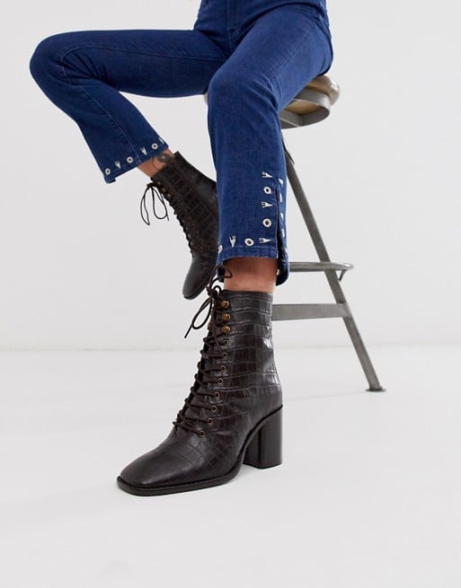 ASOS Design Rivet Leather Square Toe Lace Up Boots