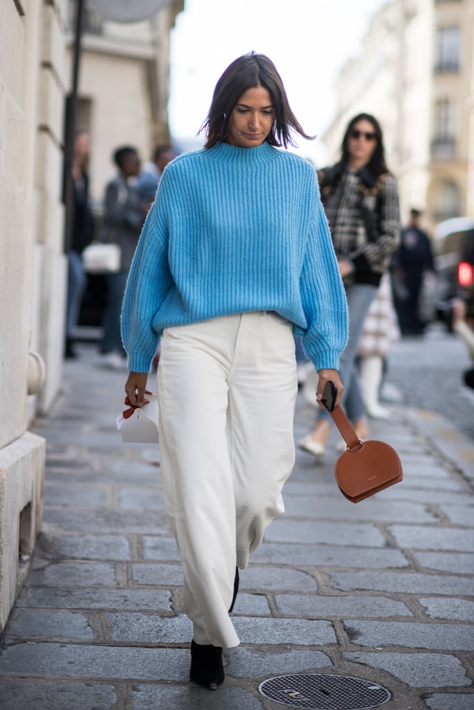 Mix a Bright Blue Sweater With a Brown Bag or Shoes and Separate With White Denim