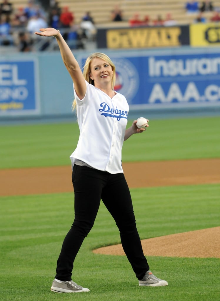 Melissa Joan Hart gave the crowd a wave as she headed to the pitchers mound at an LA Dodgers game in August 2010.