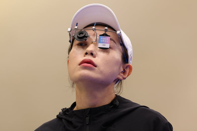 CHATEAUROUX, FRANCE - JULY 28: Kim Yeji of Team Republic of Korea prepares to shoot during the Women's 10m Air Pistol Final on day two of the Olympic Games Paris 2024 at Chateauroux Shooting Centre on July 28, 2024 in Chateauroux, France. (Photo by Charle