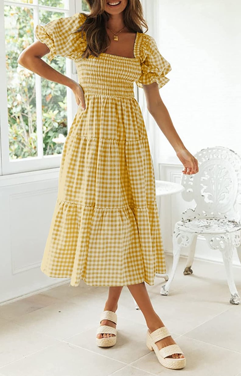 A Summer Dress: Zesica Bohemian Summer Plaid Square Neck Puff Sleeve Ruffle Flowy Midi Dress