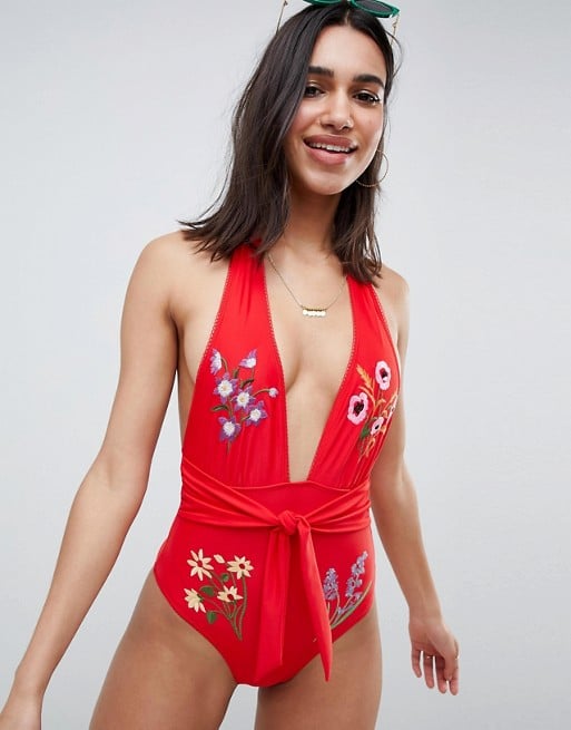 ASOS Design Recycled Embroidered Floral Tie Front Swimsuit in Red