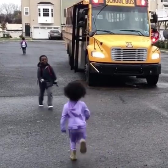 Sister and Brother Greet Each Other at the Bus Stop