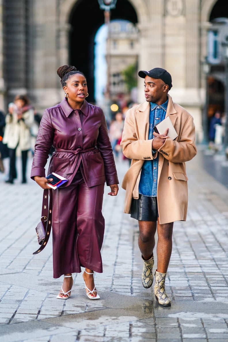 Leather Pants Outfit Idea: Burgundy Belted Leather Blazer + Matching Pants