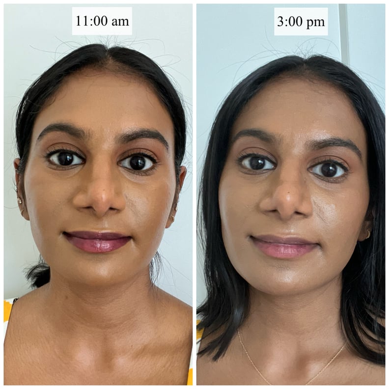 Before and after results of the Kulfi Beauty Lassi Lips Staining Lip Oil in a four-hour span.