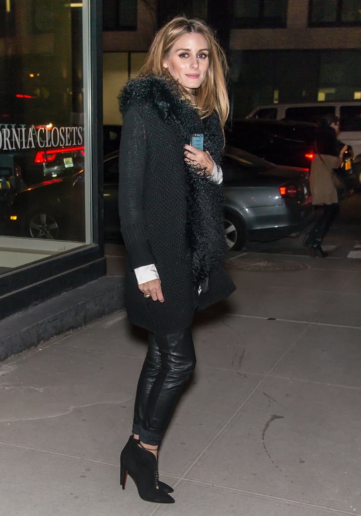 While out on day three, Olivia bundled up but stayed sleek in leather ...