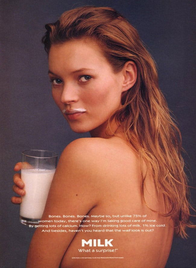 Kate Moss bared all, sporting just a milk mustache for her over-the-shoulder pose.