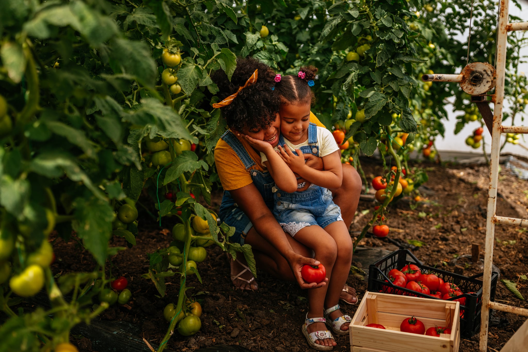 mother and daughter picking homegrown vegetables in their garden