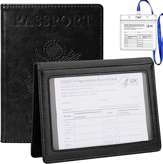 Passport Holder with Vaccine Card Slot-Passport and Vaccine Card Holder Combo PU Leather Passport Wallet Cover Case Book Black 