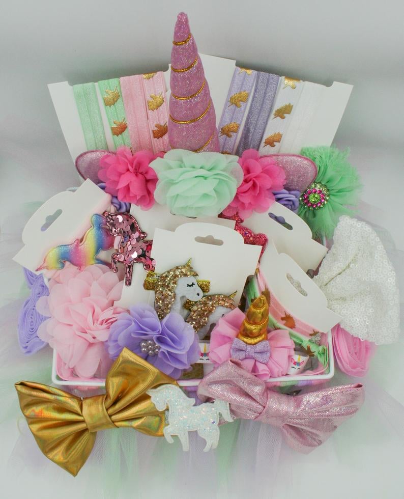 Unicorn Tulle Easter Basket With Headbands, Hairclips, Snap Clips and Bows