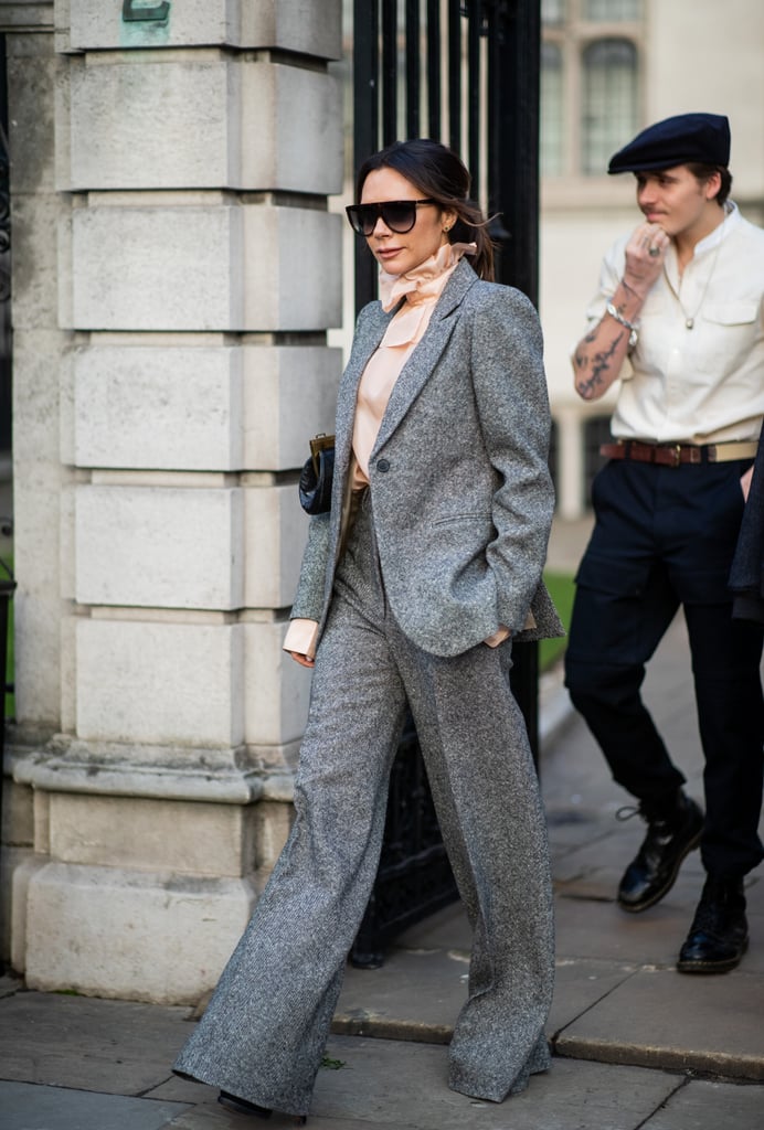 Victoria Beckham Gray Suit With Brooklyn Beckham Girlfriend