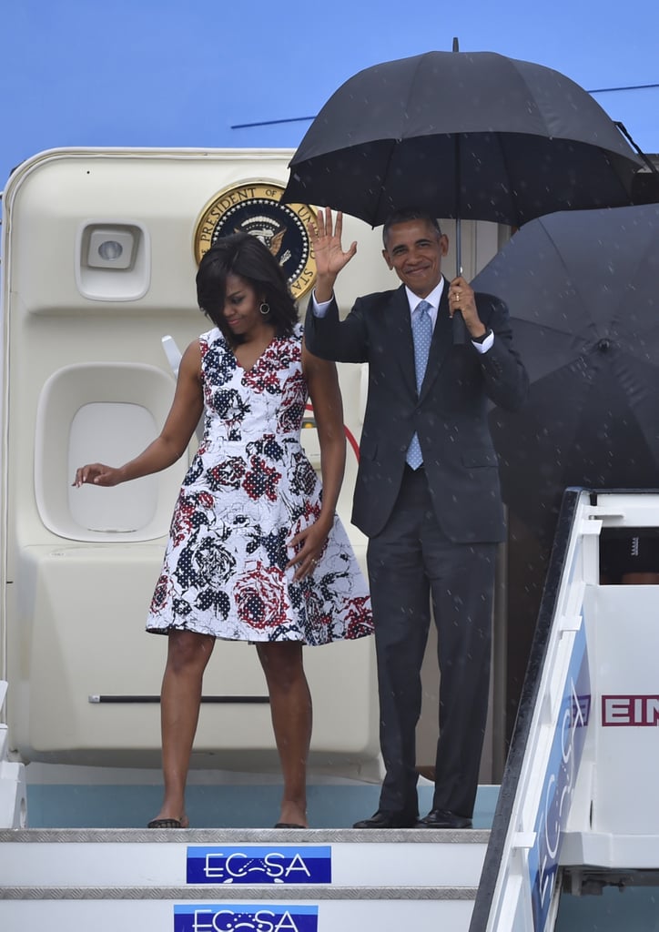 While on a trip to Cuba in 2016, Michelle opted for a Carolina Herrera number that featured red and blue pixelated flowers.